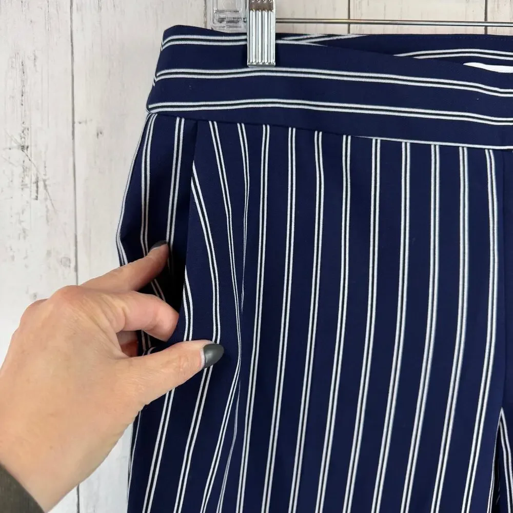 Hugo Boss Navy White Striped Tebella Cropped Bootcut Dress Pant Side Zip Size 8